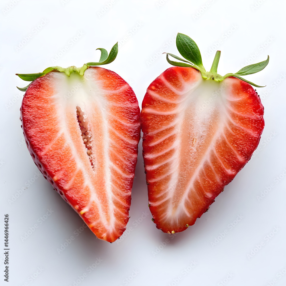 A strawberry sliced in half vertically, revealing its juicy red flesh and small, speckled seeds along the center. A strawberry sliced in half vertically, revealing its juicy red flesh and small, speckled seeds along the center.
