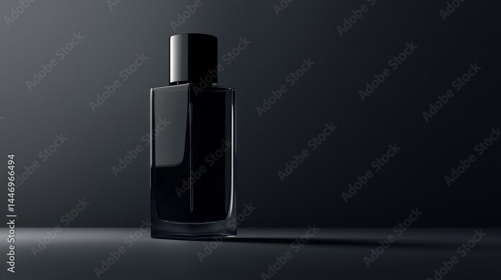 Elegant black bottle casting shadows in a dark setting, perfect for luxury branding. Elegant black bottle casting shadows in a dark setting, perfect for luxury branding.
