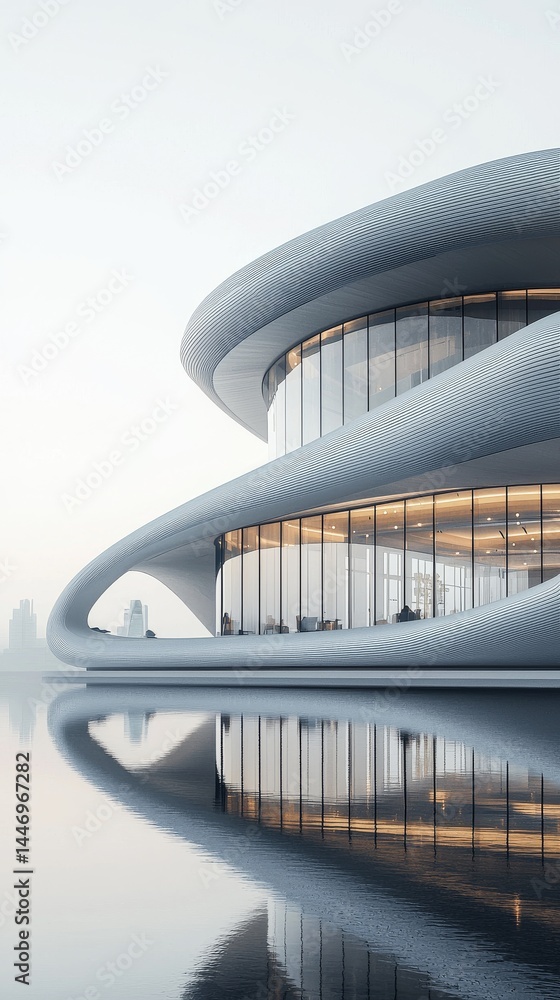 Naklejka premium Futuristic architectural design reflecting in calm water.