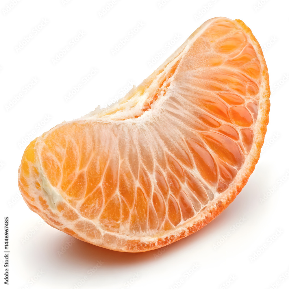 A thin mandarin slice, translucent orange segment with a juicy, tender texture and small, delicate segments visible. A thin mandarin slice, translucent orange segment with a juicy, tender texture and small, delicate segments visible.