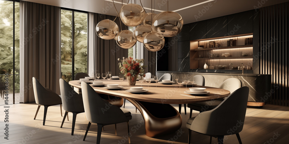 Modern Dining Room with Abstract Pendant Lights and a View of a Lush Landscape. Modern Dining Room with Abstract Pendant Lights and a View of a Lush Landscape.
