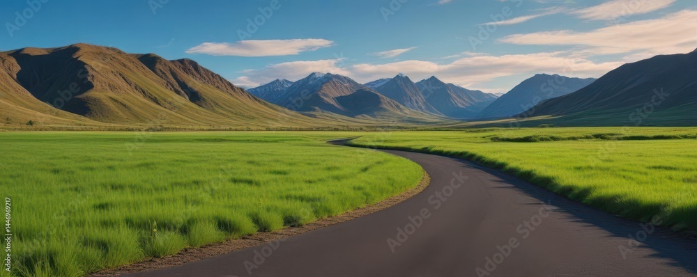 Asphalt square cuts through green grass, mountains rise under a vibrant blue sky , bright, ecology Asphalt square cuts through green grass, mountains rise under a vibrant blue sky , bright, ecology