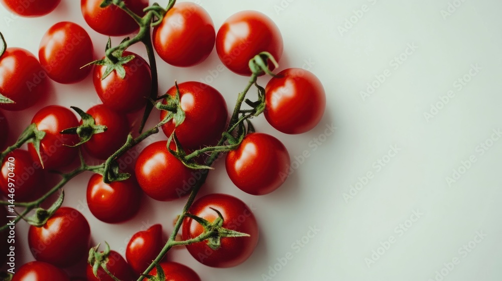 Fresh, vibrant, and plump cherry tomatoes, clustered on stems Fresh, vibrant, and plump cherry tomatoes, clustered on stems