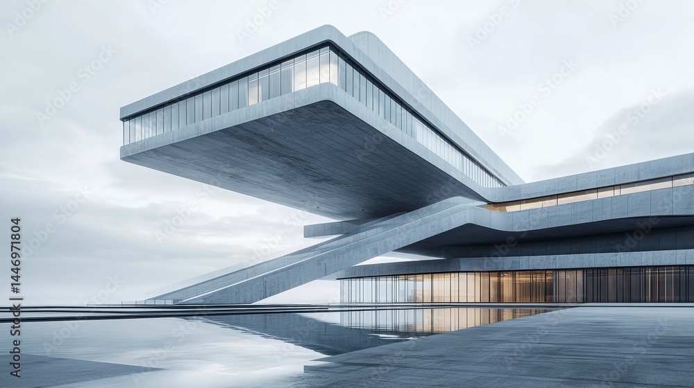 Fototapeta premium Stunning modern architecture with sleek lines and unique shapes reflecting in calm water.