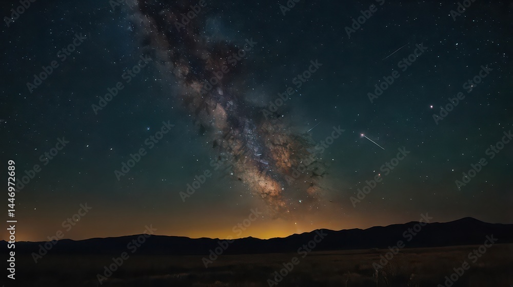 Night sky with milky way galaxy visible over dark land and horizon with a shooting star falling Night sky with milky way galaxy visible over dark land and horizon with a shooting star falling