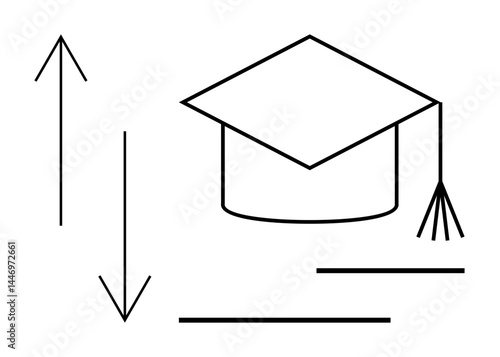 Graduation cap next to upward and downward arrows signifies growth, opportunities, and challenges in education and career. Ideal for learning, success, goals, opportunities, progress, challenges