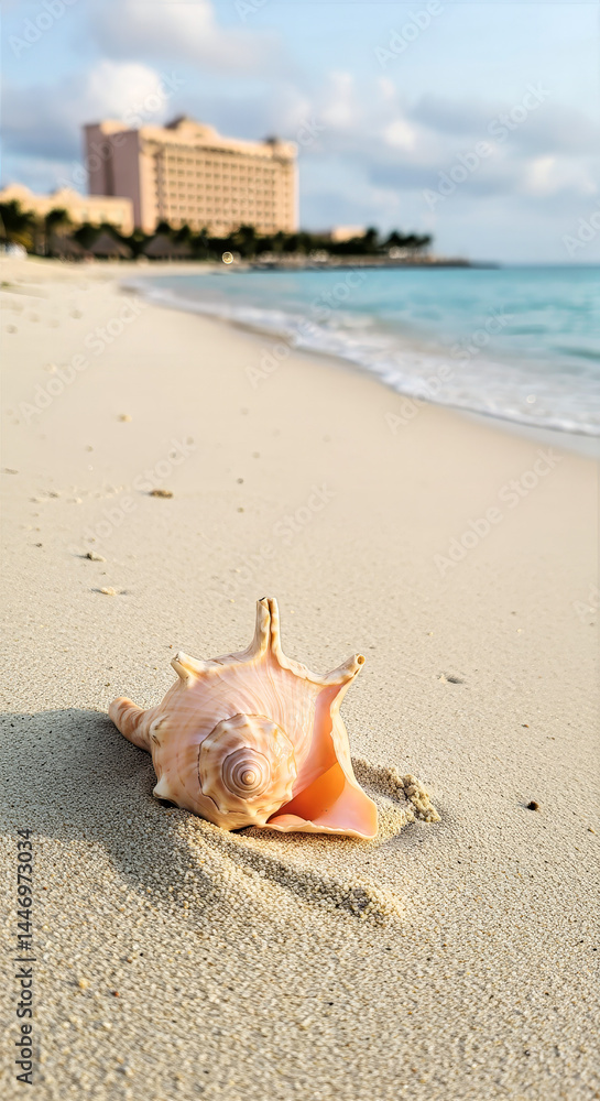 large pink conch rests on a sandy beach near a resort hotel large pink conch rests on a sandy beach near a resort hotel