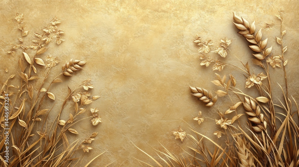 Golden grass with Stucco Stems and Leaves An elegant 3D floral background. Elegant 3D Floral Background Featuring Golden grass with Stucco Stems and Leaves.