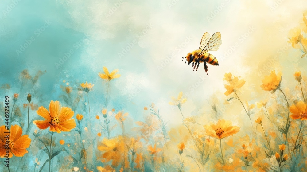 A vibrant scene featuring a bee flying over a field of yellow flowers, capturing the beauty of nature and the importance of pollinators in our ecosystem. A vibrant scene featuring a bee flying over a field of yellow flowers, capturing the beauty of nature and the importance of pollinators in our ecosystem.