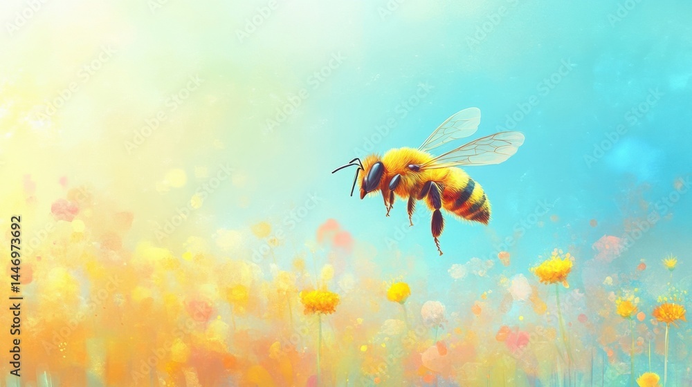 A vibrant illustration of a bee hovering over a colorful meadow, symbolizing nature's beauty and the importance of pollinators. A vibrant illustration of a bee hovering over a colorful meadow, symbolizing nature's beauty and the importance of pollinators.