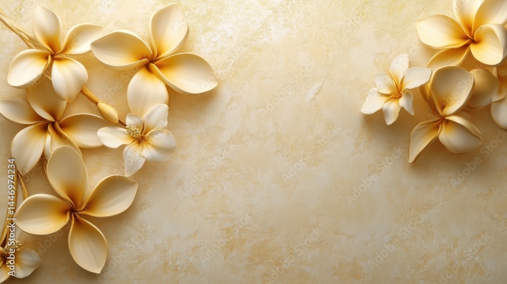 Golden Frangipani with Stucco Stems and Leaves An elegant 3D floral background. Elegant 3D Floral Background Featuring Golden Frangipani with Stucco Stems and Leaves.
