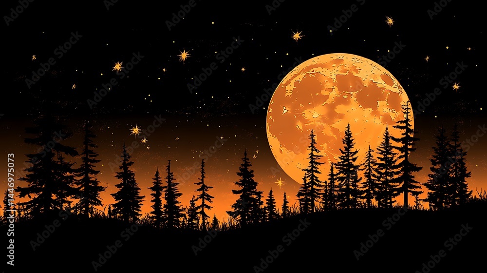 Naklejka premium Orange moon over silhouetted forest trees