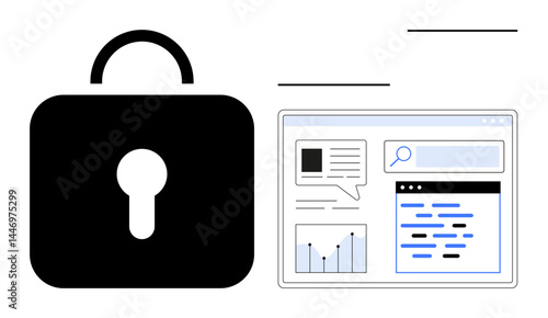 Lock symbol alongside a web browser with graphs, search bar, and text highlights. Ideal for security, data protection, encryption, online privacy, web analysis, digital tools simple landing page