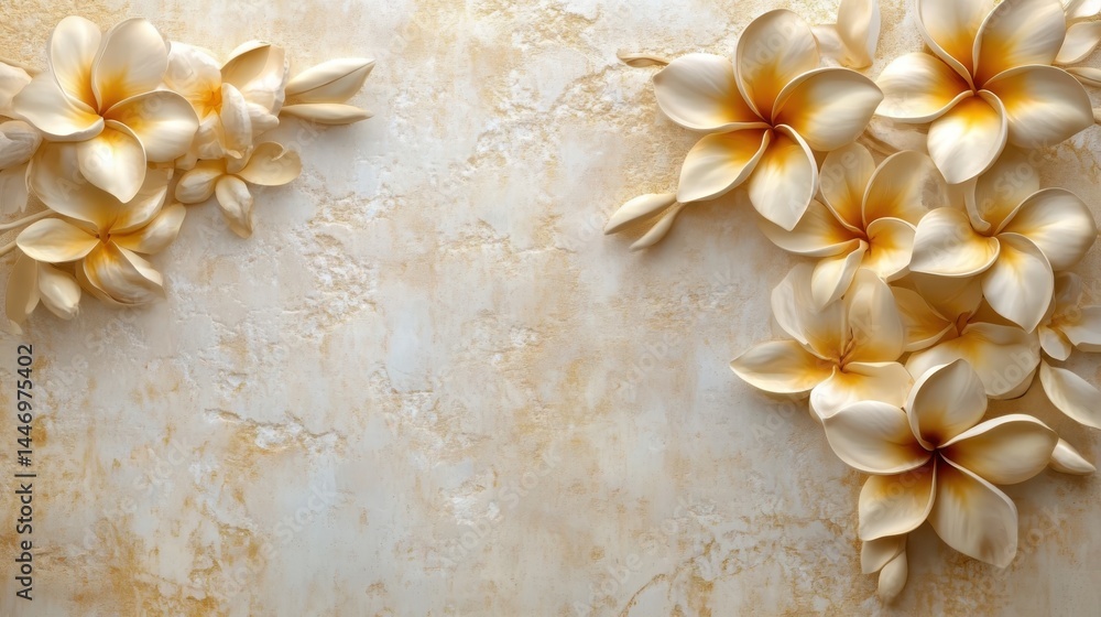 Golden Frangipani with Stucco Stems and Leaves An elegant 3D floral background. Elegant 3D Floral Background Featuring Golden Frangipani with Stucco Stems and Leaves.