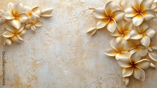 Obraz na płótnie Golden Frangipani with Stucco Stems and Leaves An elegant 3D floral background. Elegant 3D Floral Background Featuring Golden Frangipani with Stucco Stems and Leaves.
w salonie
