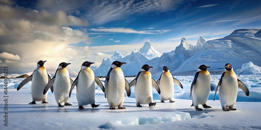 Obraz premium Penguins waddling on ice in the frozen landscape of the South Pole, animal, snowy backdrop