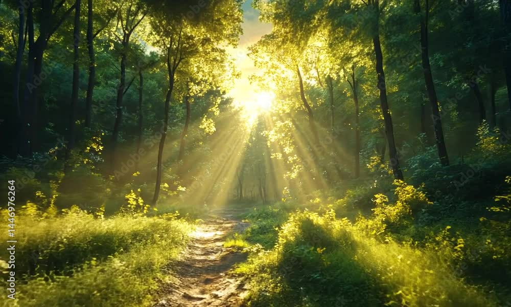 Sunlight streaming through a lush green forest, illuminating a serene pathway with vibrant foliage Sunlight streaming through a lush green forest, illuminating a serene pathway with vibrant foliage