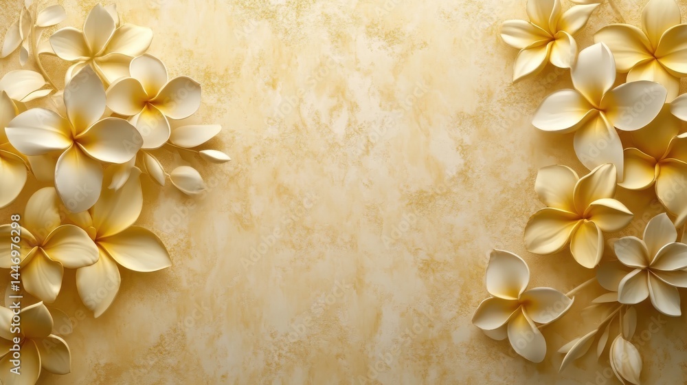 Golden Frangipani with Stucco Stems and Leaves An elegant 3D floral background. Elegant 3D Floral Background Featuring Golden Frangipani with Stucco Stems and Leaves.