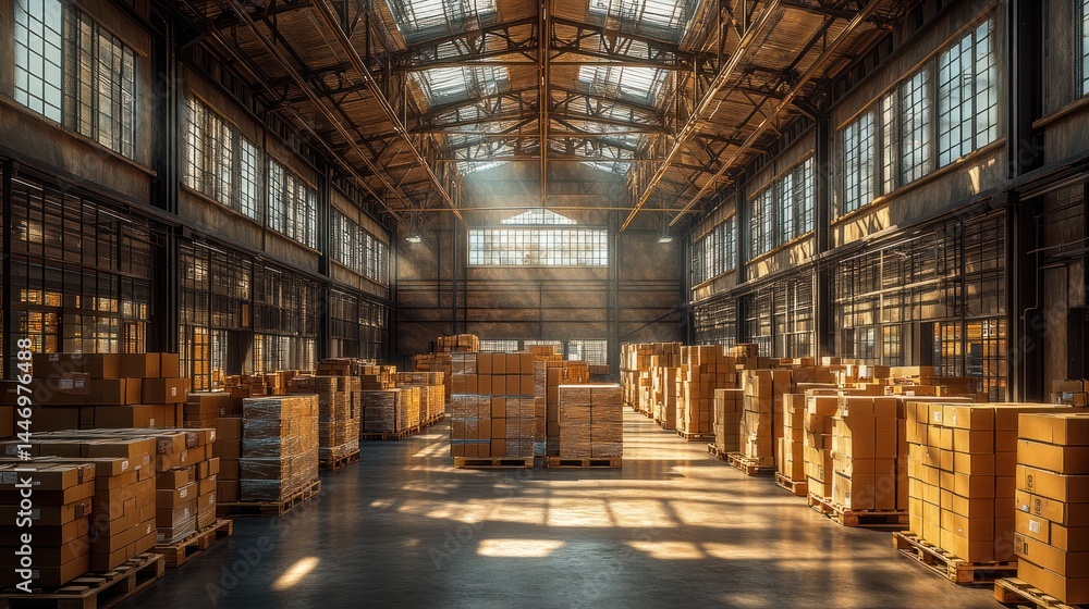 Interior view of a large warehouse filled with stacked boxes and beams. Interior view of a large warehouse filled with stacked boxes and beams.