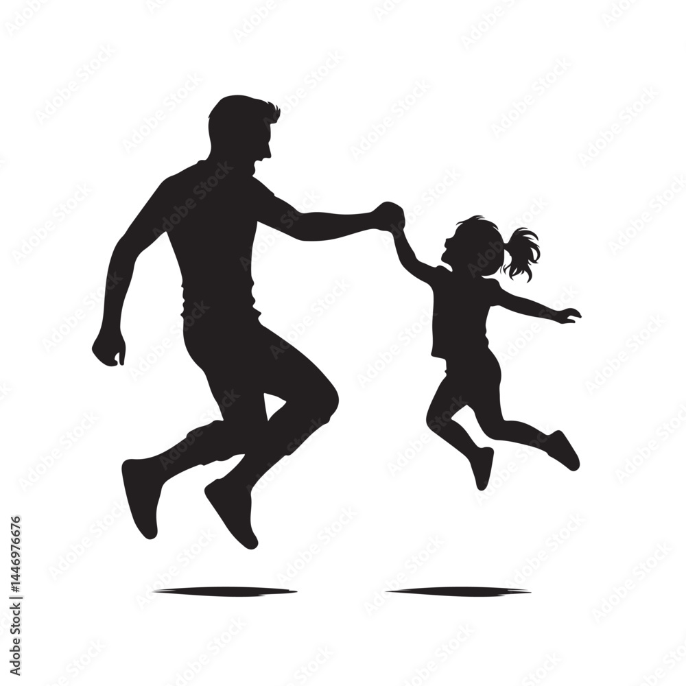 Dad and Child Jumping Together Silhouette in Joyful Pose Dad and Child Jumping Together Silhouette in Joyful Pose