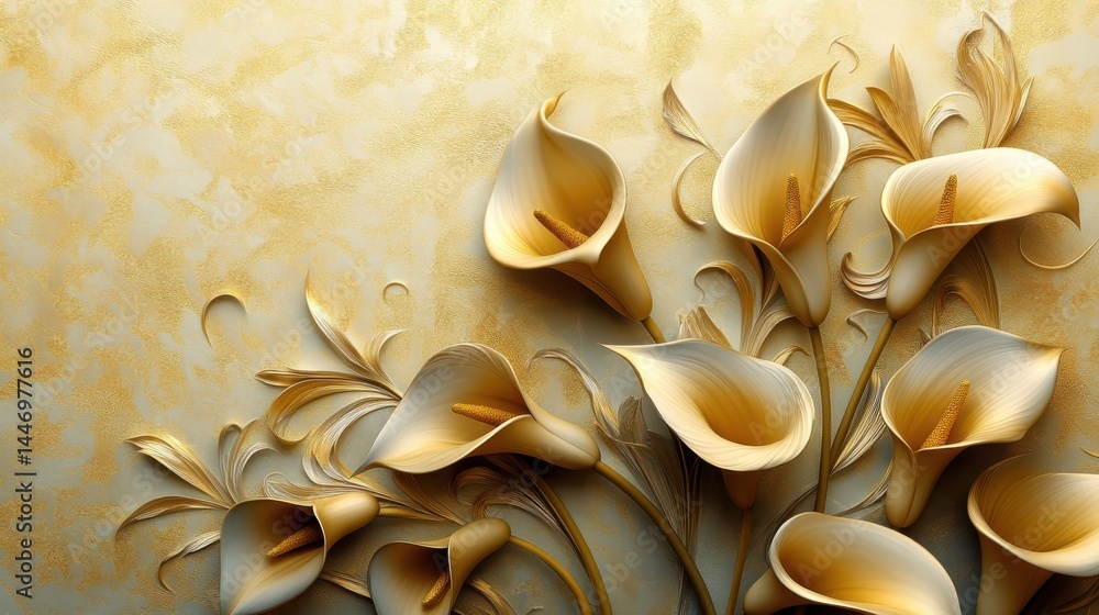 Golden Calla Lilies with Stucco Stems and Leaves An elegant 3D floral background. Elegant 3D Floral Background Featuring Golden Calla Lilies with Stucco Stems and Leaves.