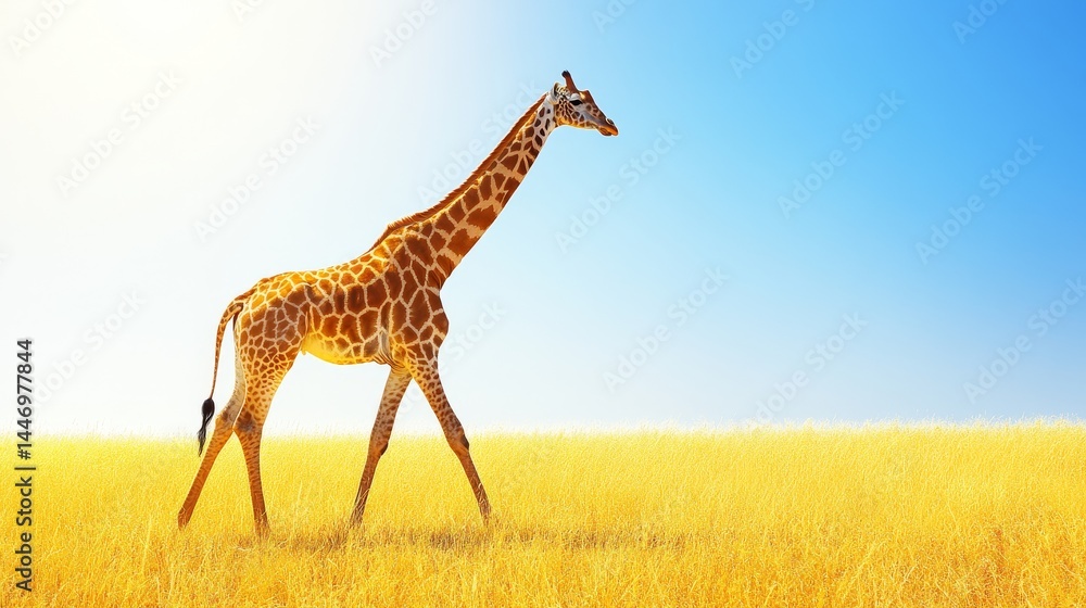 Obraz premium Graceful giraffe saunters across the golden savannah basking under a clear azure sky evoking tranquility and raw beauty of the african plains