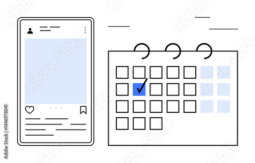 Smartphone with social media post interface beside a calendar marked with a checked date for task completion. Ideal for digital marketing, content management, productivity, planning, organization