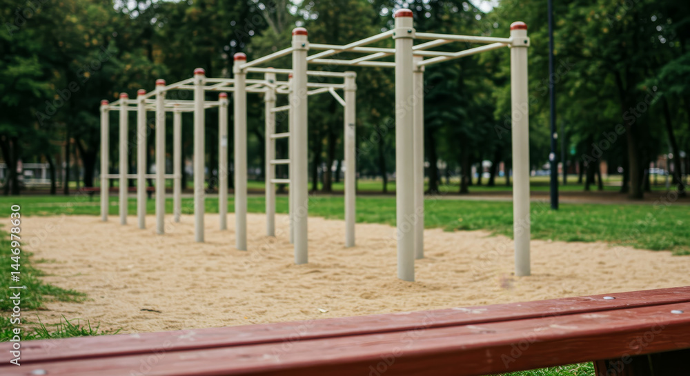 beige parallel bars in a lush green park beige parallel bars in a lush green park
