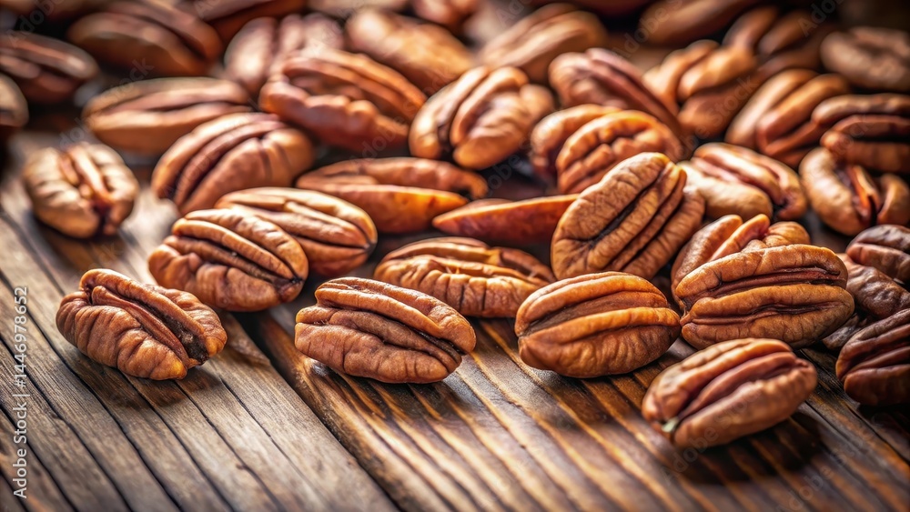 High-magnification close-up shot of pecan nuts scattered on a wooden table High-magnification close-up shot of pecan nuts scattered on a wooden table