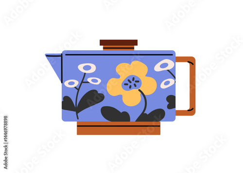 Decorated teapot for preparing herbal beverages. Modern kettle to boil water. Electric tea pot for hot drinks, coffee. Brewer to brew herbs. Flat isolated vector illustration on white background