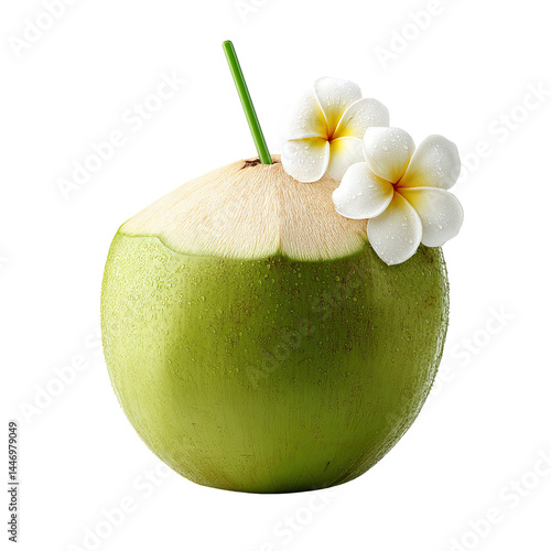 Young coconut drink with straw and plumeria flower, tropical young coconut drink for refreshing visuals, premium young coconut drink with tropical flower styling