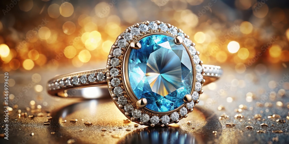 Fototapeta premium Elegant ring featuring a large topaz stone set amidst a halo of sparkling diamonds in a ornate metal setting, diamond