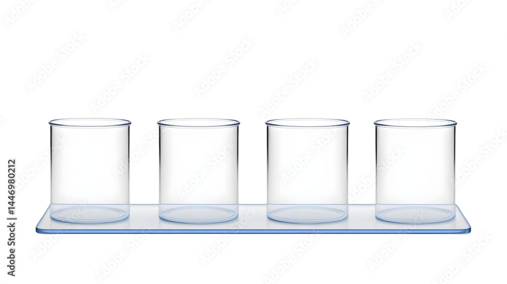 Four Empty Cylindrical Glass Containers on Transparent Acrylic Display Stand Isolated Background Illustration Four Empty Cylindrical Glass Containers on Transparent Acrylic Display Stand Isolated Background Illustration