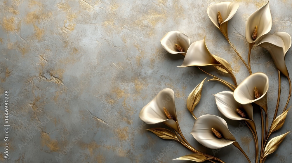 Golden Calla Lilies with Stucco Stems and Leaves An elegant 3D floral background. Elegant 3D Floral Background Featuring Golden Calla Lilies with Stucco Stems and Leaves.
