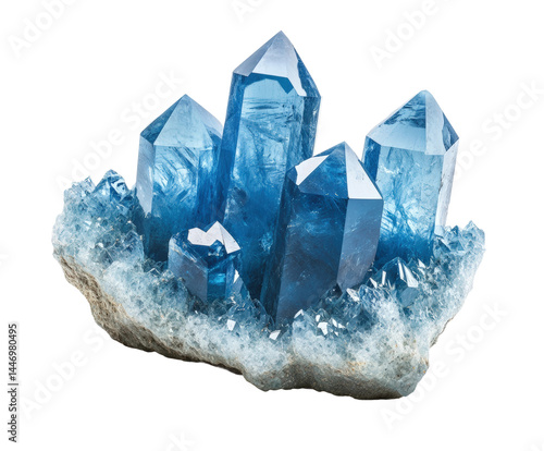 Blue crystal formation in natural environment gemstone display isolated on transparent background