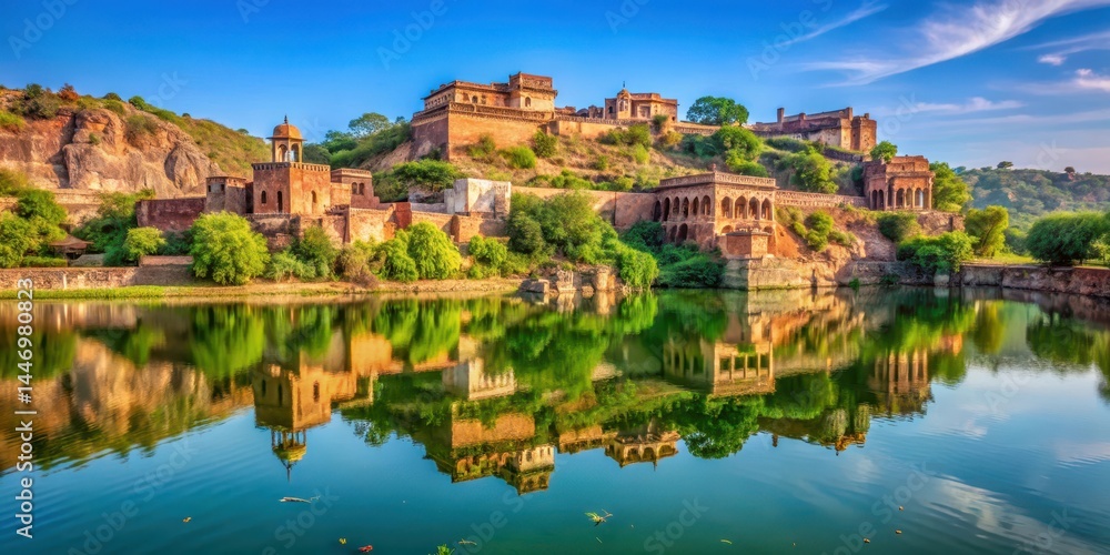 Obraz premium Serene reflection of Kund water body at Ranthambore Fort, surrounded by lush greenery and majestic architecture under a vast blue sky, ranthambore fort, nature photography