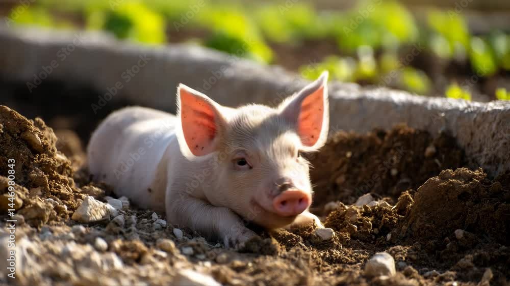 This charming image showcases a baby piglet enjoying a restful nap in the warm earth, embodying innocence and the simple joys of rural life amid natural surroundings.