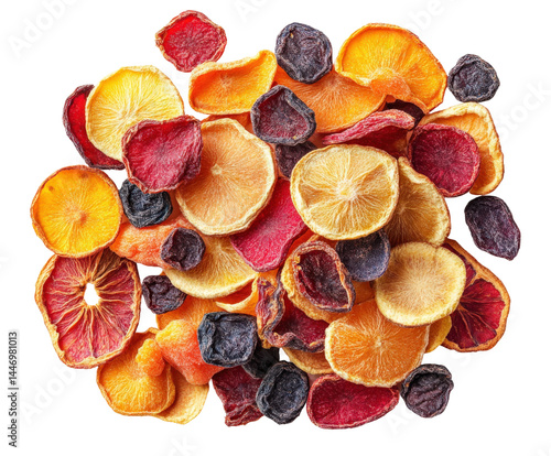 Konstfotografi Overhead view of a colorful dried fruit medley for healthy snacking isolated on