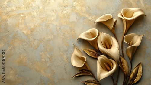 Obraz na płótnie Golden Calla Lilies with Stucco Stems and Leaves An elegant 3D floral background. Elegant 3D Floral Background Featuring Golden Calla Lilies with Stucco Stems and Leaves.
w salonie