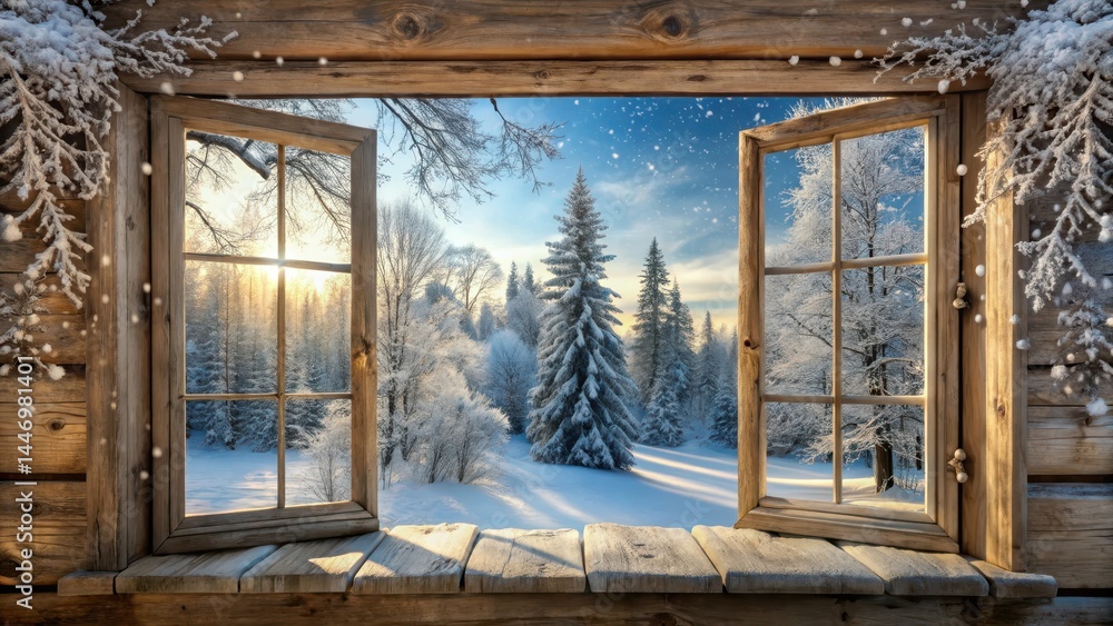 Fototapeta premium A tranquil snowy forest landscape visible through a wooden cottage window, with bare branches and snowflakes gently falling on the frozen ground, winter view, frozen ground