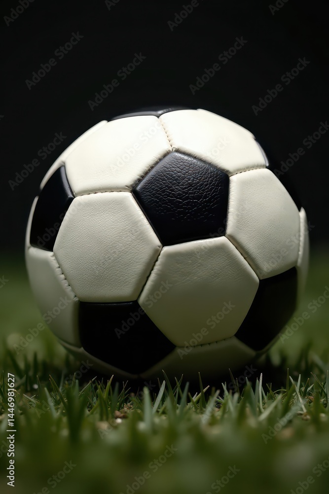 Obraz premium Classic black and white leather football, stitched detail , macro, leather, black and white photography