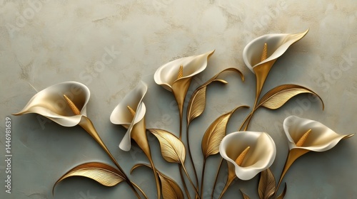 Golden Calla Lilies with Stucco Stems and Leaves An elegant 3D floral background. Elegant 3D Floral Background Featuring Golden Calla Lilies with Stucco Stems and Leaves.
