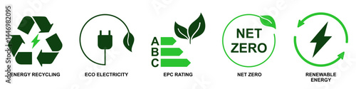 Set of green energy icons vector for eco concepts, renewable power, and sustainable solutions. Ideal for environmental conservation projects, eco education, and clean energy initiatives.