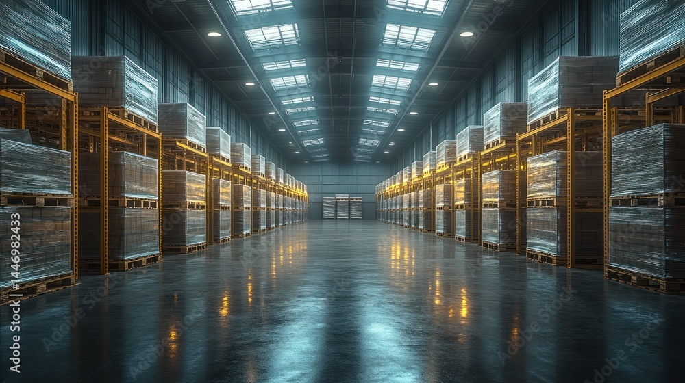 Interior view of a large warehouse with shelves and stacked goods. Interior view of a large warehouse with shelves and stacked goods.