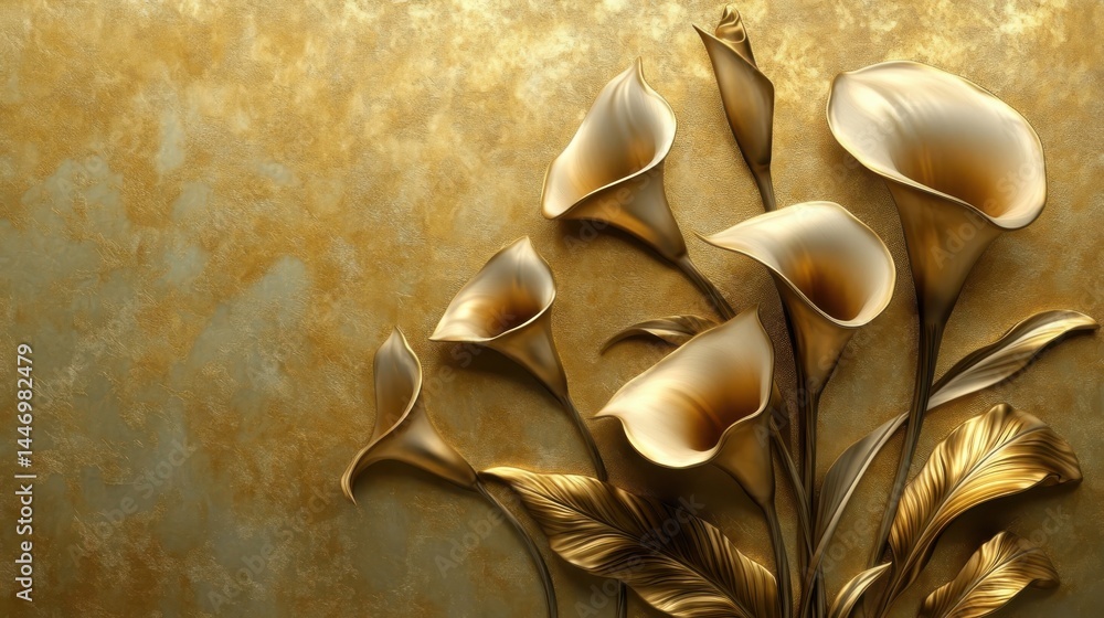 Golden Calla Lilies with Stucco Stems and Leaves An elegant 3D floral background. Elegant 3D Floral Background Featuring Golden Calla Lilies with Stucco Stems and Leaves.