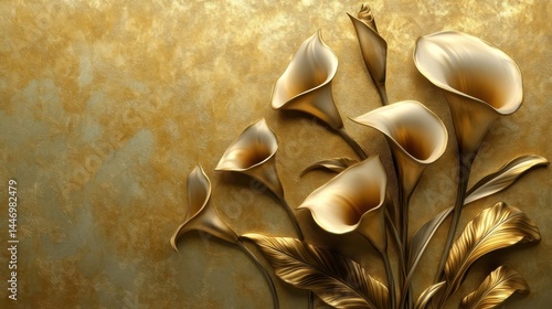 Obraz na płótnie Golden Calla Lilies with Stucco Stems and Leaves An elegant 3D floral background. Elegant 3D Floral Background Featuring Golden Calla Lilies with Stucco Stems and Leaves.
w salonie
