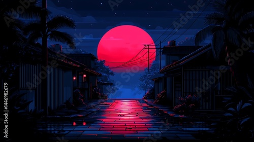 Crimson sun reflects on cobblestone street