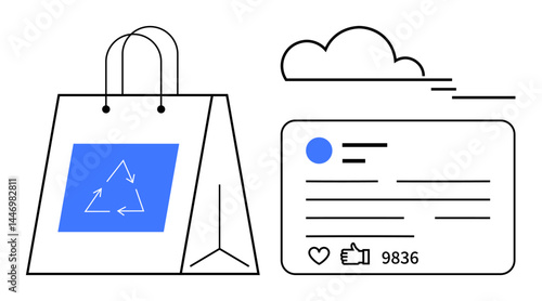 Shopping bag with recycling symbol beside a social media card showing engagement stats, cloud above. Ideal for sustainability, recycling, eco-commerce, branding, marketing, digital presence, simple