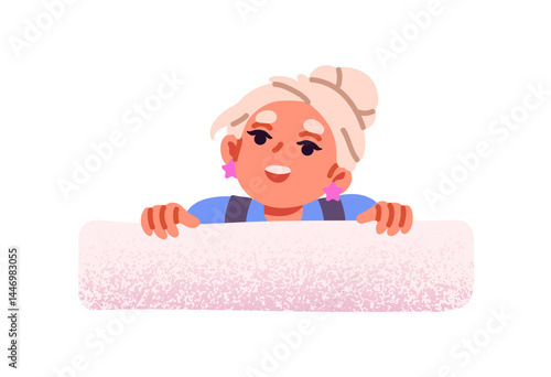 Curious kid hides behind wall, peeps. Interested little girl peeking outside, looking out. Wondering child with curiosity staring, spying. Flat isolated vector illustration on white background