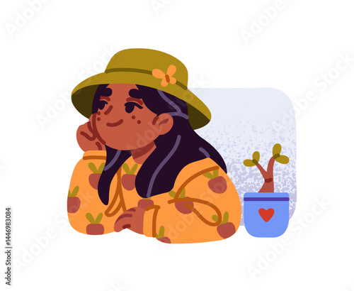 Cute kid with houseplant on sill looking out from window. Happy child peeking outside, looks away, dreams. Little girl leans on windowsill, peeps. Flat isolated vector illustration on white background